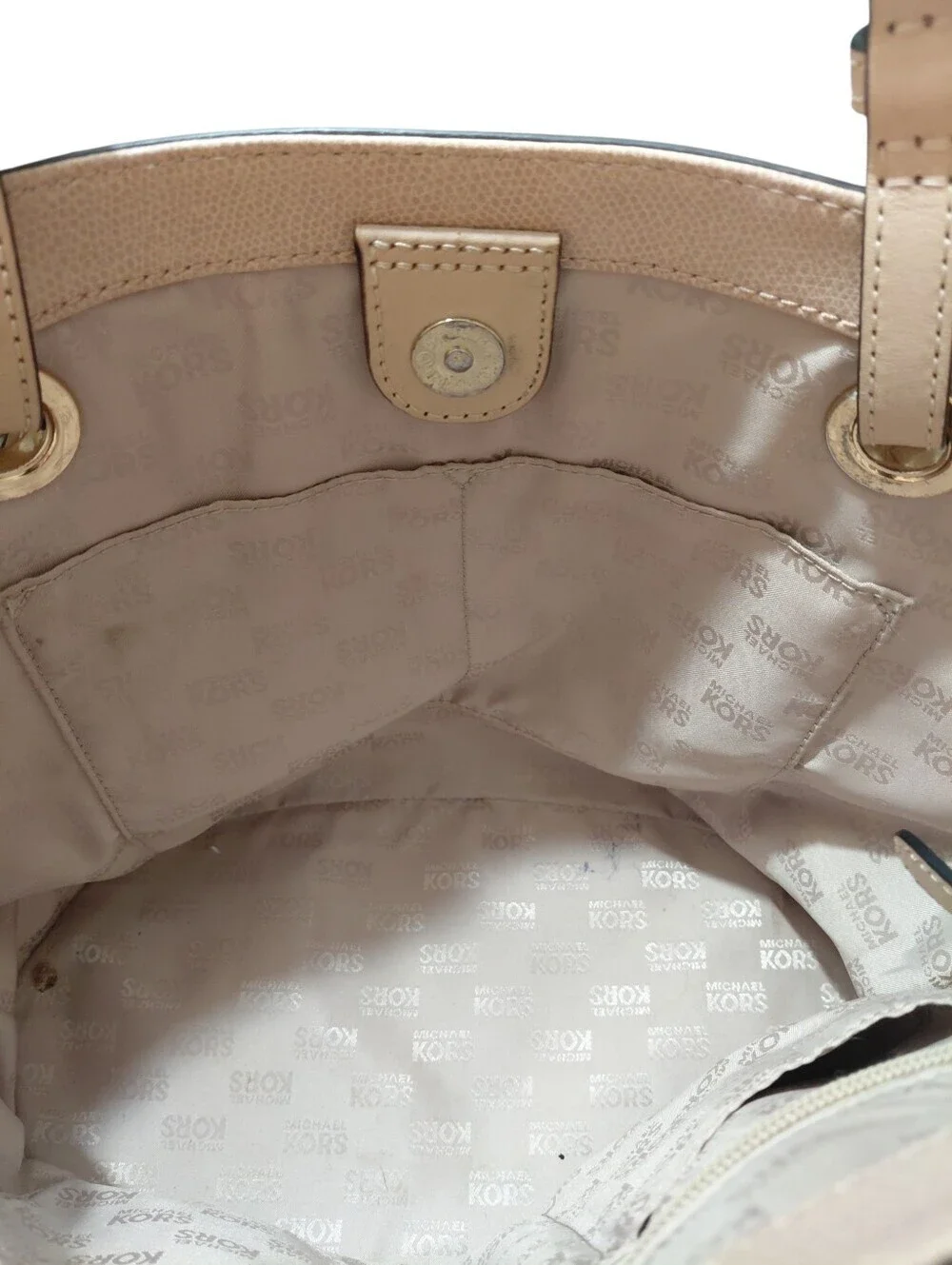 Michael Kors Peach Beige Leather Tote Shoulder Bag w Gold MK Charm